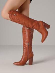 Knee High Cowboy Boots For Women Pointed Toe Chunky High Heels Pull-On Embroidered Boots Western Boots Wide Calf Cowgirl Boots - 棕色A - 查看 4