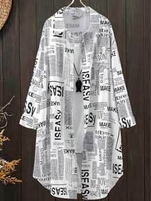 Đầm sơ mi nữ in chữ, dáng rộng, vai rớt, kiểu dáng thường ngày. - trắng - Xem 1