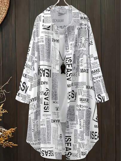 Đầm sơ mi nữ in chữ, dáng rộng, vai rớt, kiểu dáng thường ngày.