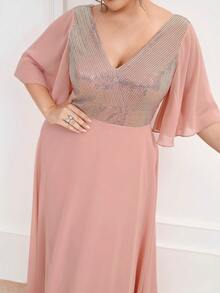 UNITHORSE V-Neck Sequin Patchwork Waist Cinched Chiffon Elegant Maxi Bridesmaid Dress - Pink - View 6