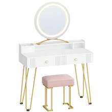 HEXCELEN Dressing Table With Stool And Lighting, Dressing Table With Mirror, 40 * 90 * 140 Cm, Dressing Tables With Drawers, Pink Upholstered Stool, Bedroom, Modern, Matte White And Gold - Phích cắm loại C của EU (220-240V) - Xem 8