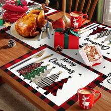 1/25pcs Christmas Red, White & Black Plaid Bordered, Decorative Christmas Tree With Star Print Linen Table Runner, Suitable For Holiday Parties, Birthday Dinners, Kitchen & Dining Room Decor, Furniture & Home Textile Decoration. It Is A Multi-Purpose Home Decor Item Applicable For Various Seasons, Perfect For Party And Holiday Decorations, As Well As A Great Gift For Parents And Friends. - Multicolor - View 7