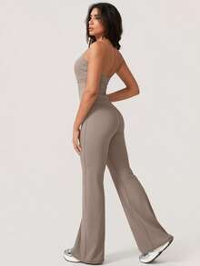 NcmRyu 1 Set Women's Sexy Halter Deep V-Neck Backless Shaping Flared Sports Suit - Grey - View 3