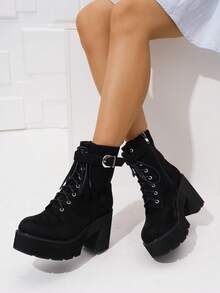 Botas de plataforma de tobillo de moda casual de otoño/invierno para mujer - Negro - Ver 10