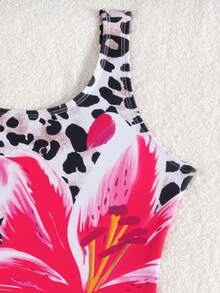 Áo tắm liền thân in hoa và họa tiết da báo dành cho bé gái tuổi teen - Cà phê nâu - Xem 2