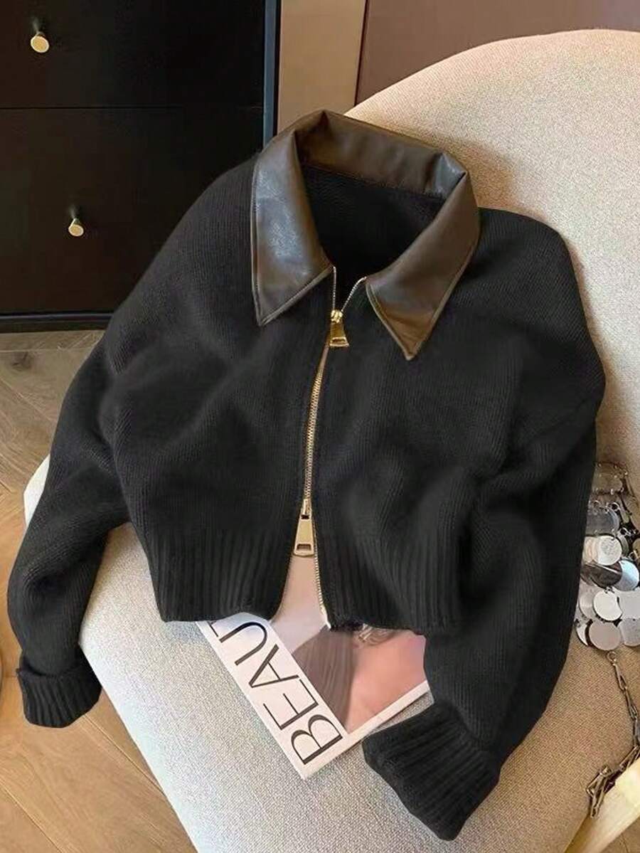 Vera Lane 女士复古 PU 领街头波西米亚朋克风双面拉链羊毛夹克，适合复活节音乐节 - 黑色 - 查看 1