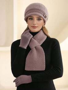 1/2/3 set da donna in moda, cappello in maglia e finta pelliccia, sciarpa e guanti, con decorazioni a pompon e fiori, cappello basco lavorato a maglia caldo, cappelli invernali antivento con sciarpa scalda collo e accessori guanti, regalo di San Valentino - Multicolore - Visualizzare 5