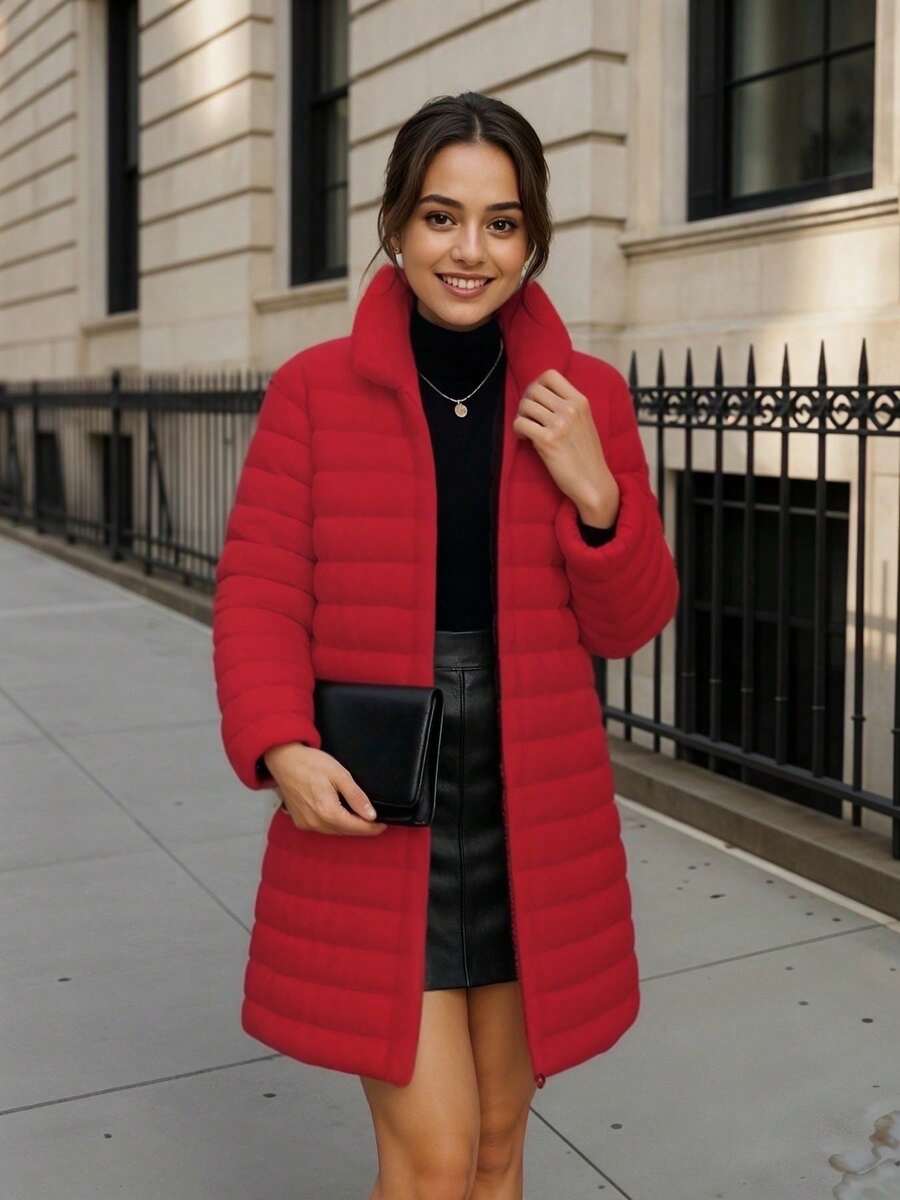 Abrigo de Peluche Elegante con Cuello Alto y Bolsillos Laterales - Rojo - Ver 1