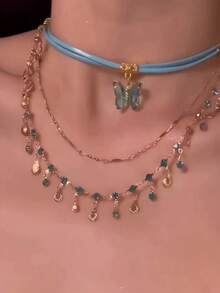 2 Pcs Retro And Simple Style Green Butterfly Double-Layer Collarbone Chain Necklace Is Suitable For Wearing In Daily Life, Parties, Vacations, Music Festivals And Other Occasions. They Can Also Be Given As Gifts To Family Members And Girlfriends - Butterfly Double Necklace - View 9
