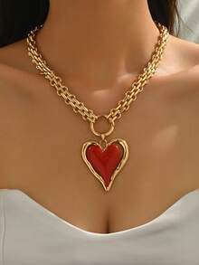 1 件 Chunky Jewelry 奢华重金属项链，夸张个性化红色大心形吊坠项链，独特设计女士粗链项链，适合日常佩戴、约会、派对、音乐节 - 彩色 - 查看 1