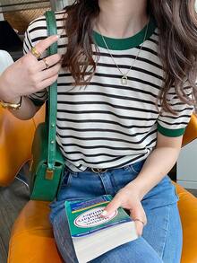 Top de rayas para mujer,Camiseta de punto con cuello redondo estampado,Camiseta de manga corta casual sencilla y versátil - Verde - Ver 3