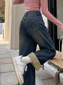 街头风直筒斜插口袋加厚牛仔保暖低腰牛仔裤，秋冬保暖裤，Y2K音乐节必备