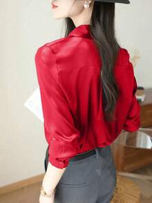 Camisa de manga larga con botones de unicolor elegante para mujer, adecuada para ir al trabajo, otoño - Burdeos - Ver 3