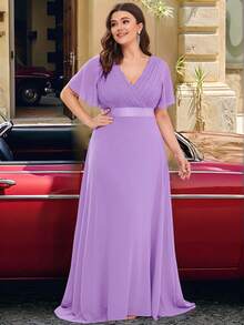 Plus Size Elegant V-Neck Ruched Bust Purple Bridesmaid Dress, Wedding Guest Formal Dress - Purple - View 4