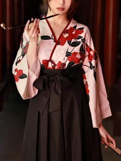 1pc Vintage Oriental Girl Cosplay Hanfu Outfit, Elegant Floral Blouse + Adjustable Black Long Skirt + Belt, Suitable For Photoshoot, Daily Wear And Stage Performance