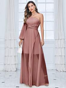 UNITHORSE Lantern Sleeve Chiffon Dress - Pink - View 5