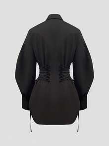 Women's Elegant Fitted Shirt, Fashionable Waist Bandage Design Ladies Shirt, Niche Black Long Sleeve Top With Adjustable Drawstring, Spring/Summer - Black - View 4