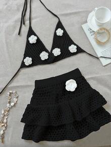 Yuwenier Y2K 性感波西米亚风手工刺绣花卉露背针织比基尼上衣和镂空分层钩针迷你裙 2 件套夏季海滩度假装 - 黑色 - 查看 3