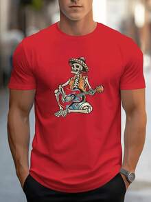 Summer Bestsellers Men's Graphic T-Shirt - Black Guitar And Mexican Hat Skull Design Short Sleeve Shirt - Lightweight Breathable Fabric, Suitable For Fitness, Running, Casual Wear - Machine Washable Daily Street Style Top, Fashionable Sports Gear, Durable Material, Youth Style Supple - 紅色 - 查看 12