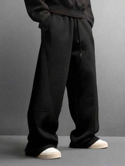 Men's Loose Wide Leg Pants, Solid Color Design With Drawstring Detail, Casual Style Long Sweatpants Suitable For Daily Wear, Jogging And Other Occasions, Versatile Item For Spring And Autumn Seasons