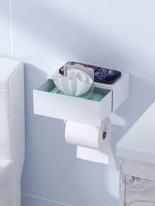 1个壁挂式卫生纸架，带置物架，抽屉式浴室湿巾收纳盒，卫生纸架/手机架，无需钻孔即可轻松安装，浴室必备收纳盒，浴室收纳用品，浴室配件，耐用塑料材质，白色/黑色浴室配件/浴室工具 - 彩色 - 查看 4