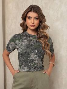 Dellamarca Women's Fashion Print Short Sleeve Blouse. Comfortable Fabric. Fashion - 墨綠色 - 查看 1