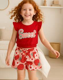 Minilê Kids Set For Girls, Summer Shorts, Ruffled Blouse - Đỏ - Xem 8