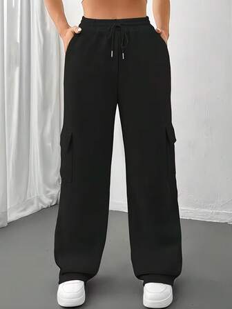 Women's Black Drawstring Waist Long Wide Leg Cargo Pants, Non-Stretch Fabric, Casual Loose Fit Multi-Pocket Design, All Season Comfortable Leisure Sports Trousers