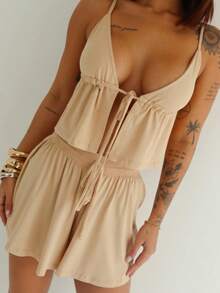 Women's Set, Shorts Set, Summer Set, Candy Color Set, Set With Blouse - Beis - Ver 4