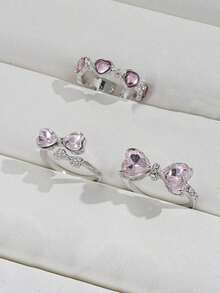 3pcs/Set Pink Heart & Bowknot & Rhinestone Decor Rings For Women, Great For Dating And Vacation Gifts - Multicolor - View 2