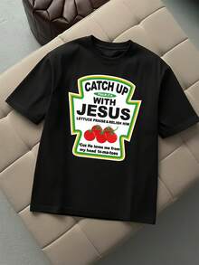 Super Funny Ketchup Label Style "Catch Up With Jesus Lettuce Praise & Relish Him" Text Pattern Crew Neck T - Shirt - 黑色 - 查看 1