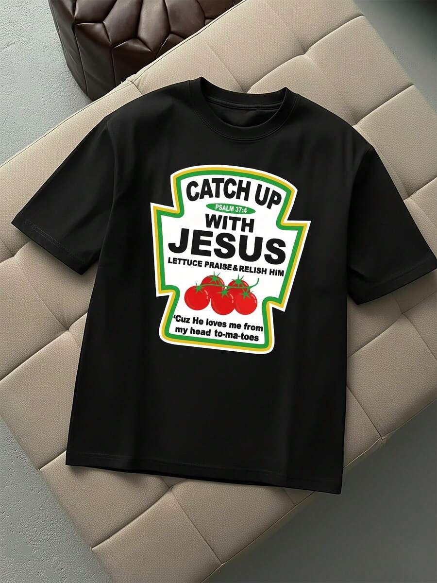 Super Funny Ketchup Label Style "Catch Up With Jesus Lettuce Praise & Relish Him" Text Pattern Crew Neck T - Shirt - 黑色 - 查看 1