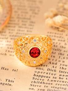 Anel vintage de cobre com zircônia sintética e design geométrico clássico, em tom dourado, joia de luxo para mulheres, perfeito para casamentos, banquetes e celebrações do Ramadã, acessório para todas as estações, joia vintage.