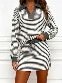 Women's Two Piece Outfit Fashionable Long Sleeve V Neck Striped Tops And Drawstring Skirt Set - Black - View 6