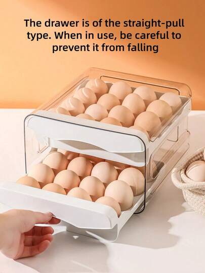 1pc 2 Layers Large Capacity Refrigerator Egg Rack, Plastic Transparent Drawer Style Egg Storage Container, Stackable Egg Organizer Holder Fits For Kitchen Fridge Egg Tray