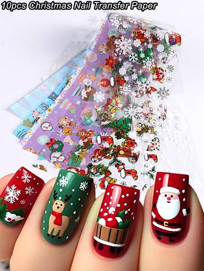 10 Sheets/Pack Cute Christmas Nail Art Transfer Paper, Santa Claus Elk Snowman Christmas Ball Snowflake Cartoon Nail Pattern Winter Christmas Kawaii Nail Art Decoration Nail Transfer Paper Nail Art Salon Nail Art Supplies DIY (No Stickiness)