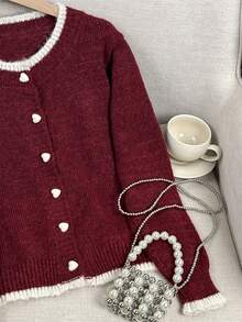 Wixra 2025 Autumn New Design Colorblock Heart Button Knit Cardigan, Versatile Women Sweater Jacket - Red - View 5