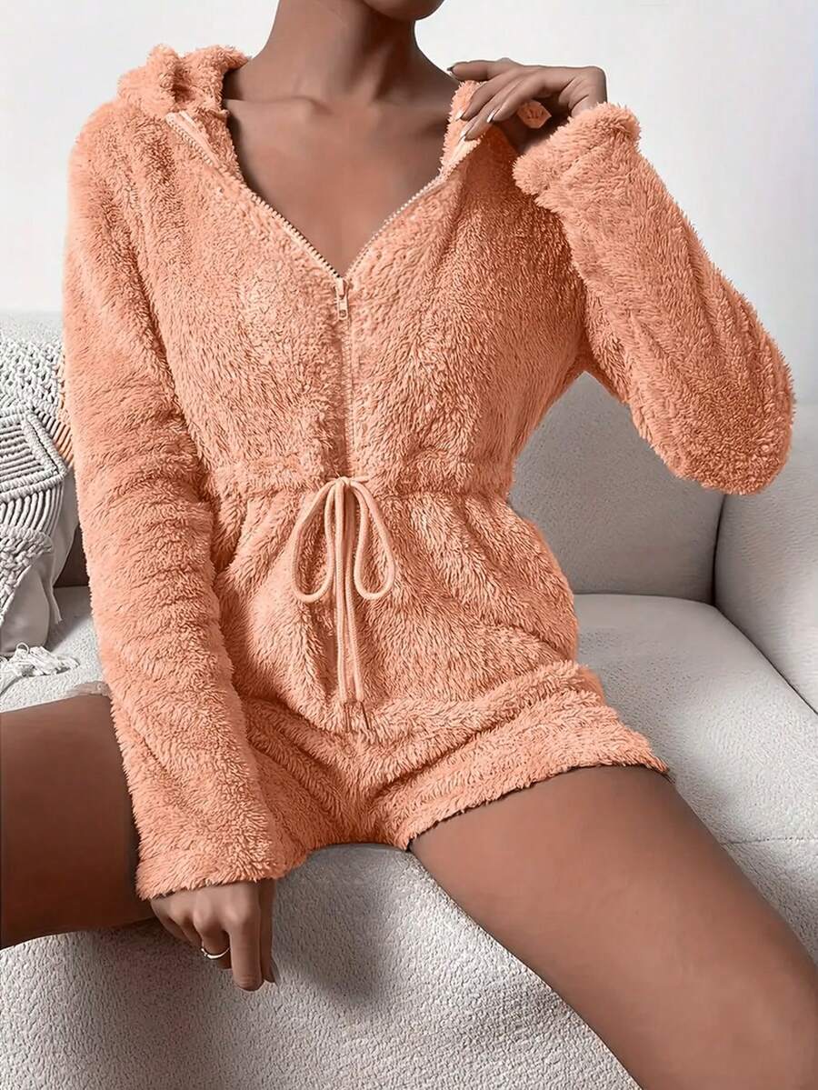 1pc Women's Comfortable Teddy Fleece Full Zip Hooded Jumpsuit With Bear Ears And Fuzzy Collar - Soft Plush With Zipper Closure, Drawstring Waist And Long Sleeves, Suitable For Winter Warmth - Orange - View 1