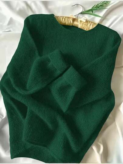 Suéter de mujer de cuello redondo suave verde, vintage fresco, casual para primavera, adecuado para primavera/otoño/invierno, suéter de manga larga de punto de terciopelo acanalado de unicolor de poliéster para vacaciones, otoño/invierno