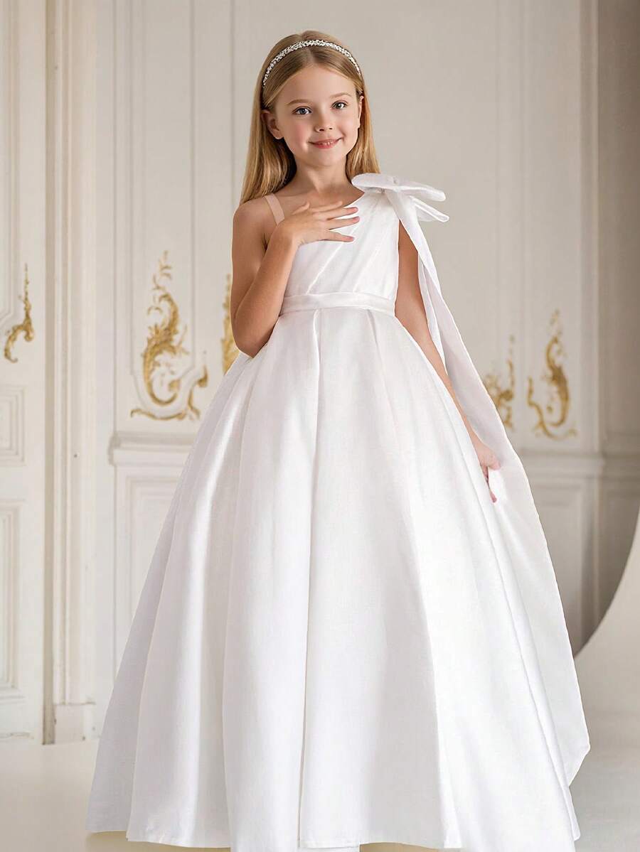 Tween Girls Asymmetric Neck Big Bow Wedding Party Dress Elegant Long Princess Birthday Ball Evening Gown - White - View 1