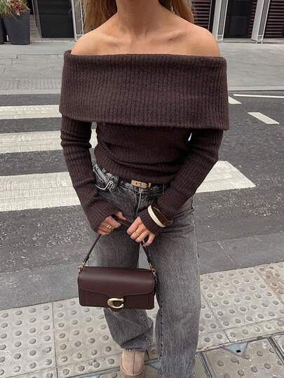 HoloChill Women Young Influencer Style Solid Color Off Shoulder Ribbed Casual Pullover Sweater, Summer Casual New Arrival Carnival