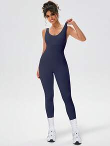 NcmRyu 1 件女式无缝弹力纯色交叉背部设计罗纹连体裤，休闲运动 - 藏蓝色 - 查看 7