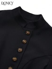 DONICY Áo khoác nữ màu trơn cổ đứng cài một hàng khuy kim loại tay dài, kiểu dáng cổ điển thanh lịch phong cách Anh Quốc, thích hợp cho mặc hàng ngày, hẹn hò, dự tiệc, công sở. - màu đen - Xem 4