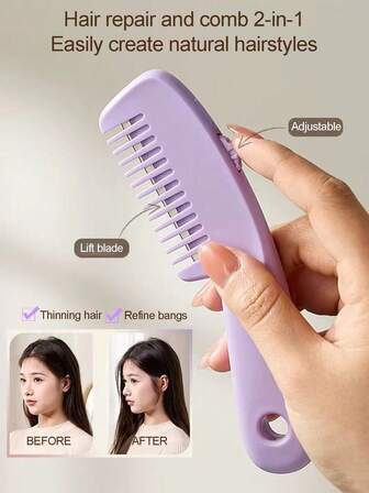 1pc Three In One Adjustable Split Comb - A Portable DIY Styling Tool Suitable For Bangs And Split Ends, Made Of Plastic Material, With A Purple Pink Handle And White Bristles, Essential For Home Hair Cutting, Ergonomic Grip, And Fine Brush Teeth,Travel Essentials,Travel Essential,Hairstyle,Hairdressing,Hair Brush,Slick Back Brush,Styling Brush,Curly Hair Brush,Edge Brush,Hair Comb,Brush Hair,Hair Brush Set,Comb Hair,Comb For Curls,Detangling Brush,Hair Brush For Women,Hair,Travel,Hair Products,Hair Tools,Hair Stuff,Barber,Barber Accessories,Barbershop,Hairdressing Equipment