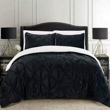 Elegant Comfort Ultra Soft 3pcs Pinch Pleated Pintuck Microsuede Fleece Reversible Sherpa Comforter Set With Shams, Cozy Warm Breathable, Easy Care Quilt Comforter Sets, Full/Queen, King/California King Size Bed For All Seasons, Christmas Decorations Gifts, Cozy Winter Styles, Holiday Décor - màu đen - Xem 2