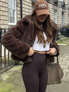 2025冬季女士复古仿皮草短款棕色皮草外套，时尚翻领，精致羊毛口袋，保暖外套，女士街头服饰 - 棕色 - 查看 8