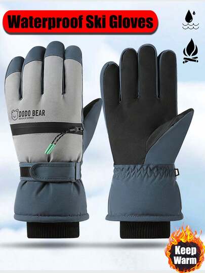 1 Pair Winter Men's Skiing Gloves With Thickened Velvet Lining Design, Warm Outdoor Sports Waterproof And Cold Resistant Warm Gloves, Cycling Silk Sliding Touch Screen Continuously Touch All Finger Gloves, Zipper Card Bag Design, Convenient Skiing Gloves