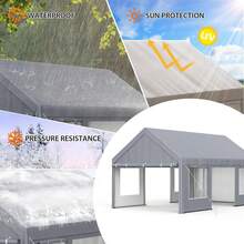 Cochera resistente de 13 x 20 pies con tela de polietileno y estructura de acero galvanizado. Garaje portátil con puertas enrollables y 4 ventanas. Toldo para coche con lona para todo tipo de climas, ideal para coche, camión y barco - Gris - Ver 6