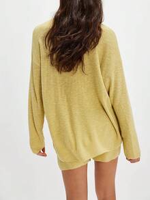 Women's Knit Shorts Set Fashionable Solid Color Long Sleeve Loose Sweater With Shorts 2 Pcs Outfits - màu ngọc lam - Xem 3