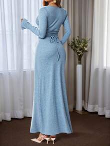 DONICY فستان محبوك أنيق للنساء، فستان كاجوال مطاطي ملائم بلون أحادي مع ياقة مربعة، أكمام طويلة، قميص ضيق مخطط مناسب للكرنفال وعيد الحب والربيع/الصيف/الخريف - الأزرق - مشاهدة 6